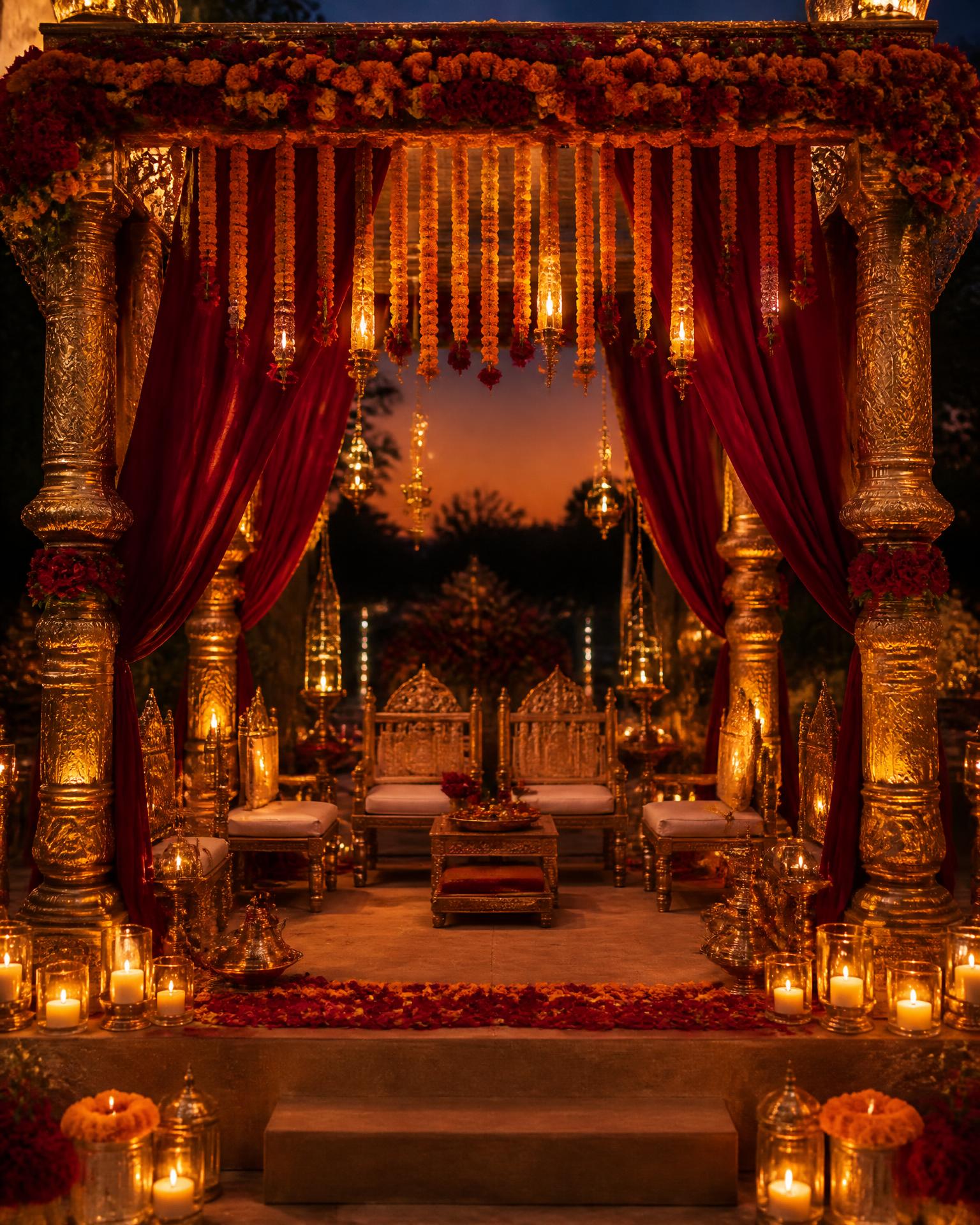 Maroon and gold mandap lit by candles at dusk
