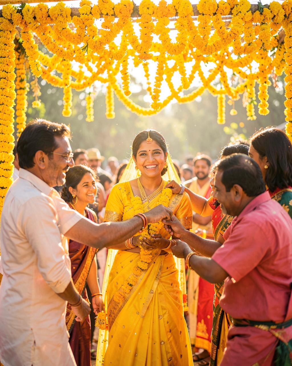 A sunlit haldi celebration beneath marigold flowers