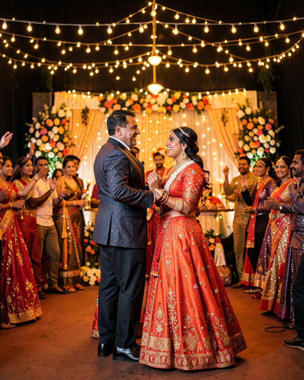 An Indian couple dancing during their engagement and sangeet