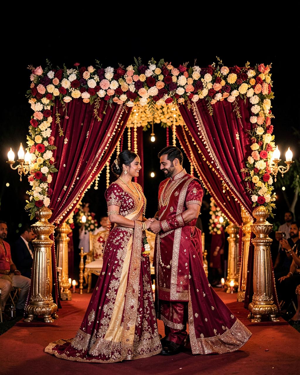 An Indian bride and groom beneath a maroon floral mandap